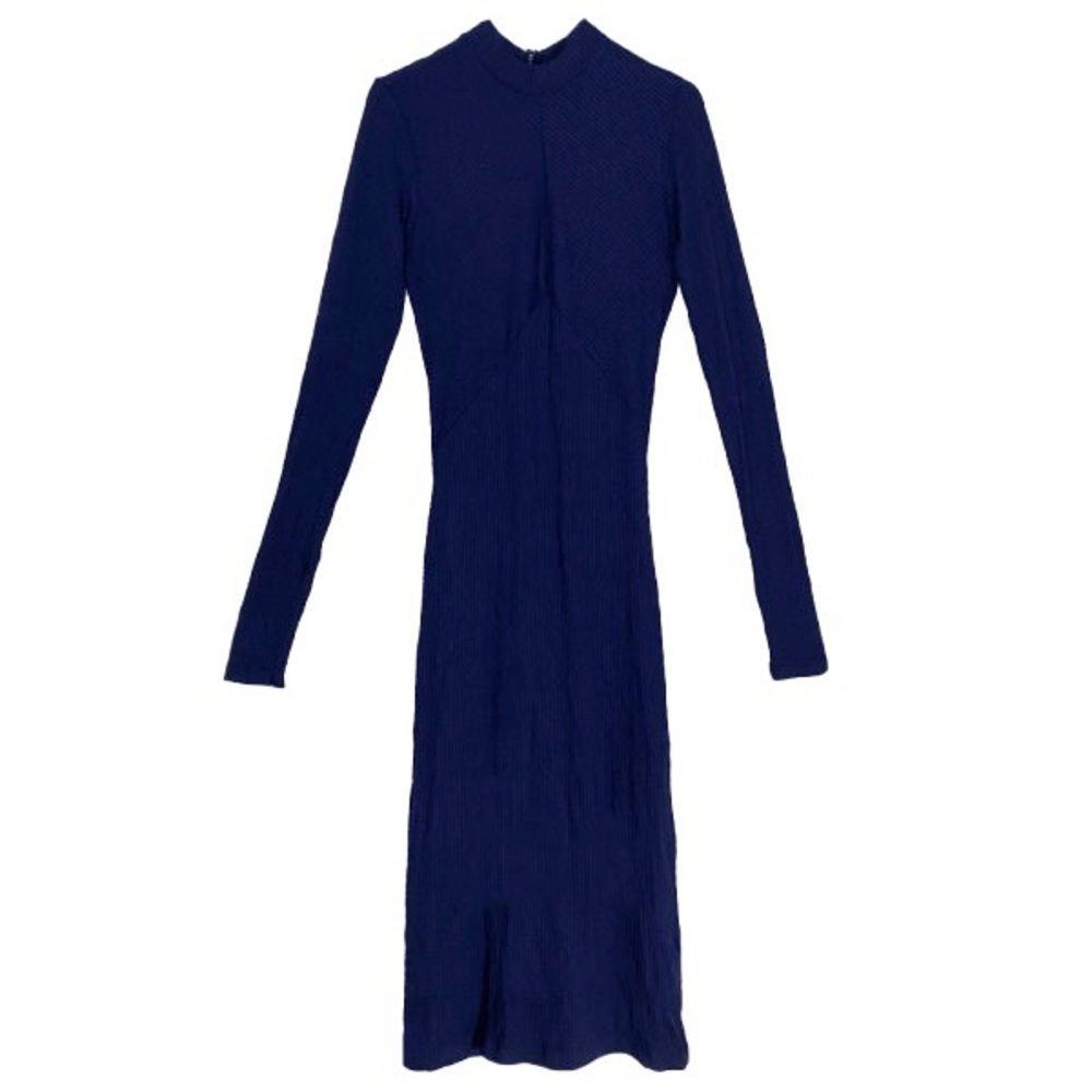Ribbed Bodycon Midi Dress Navy Blue Jersey Knit Cut-Out Back H&M Size 6